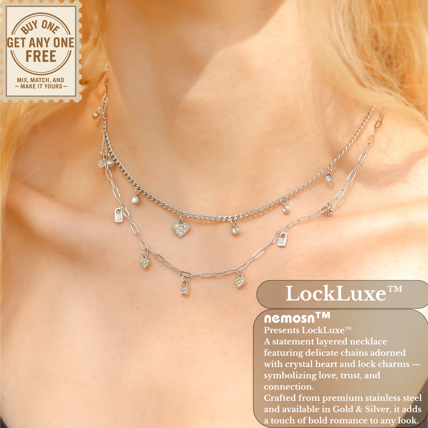 LockLuxe™ Layered Heart & Padlock Charm Necklace – Modern Romantic Style (Gold & Silver Options)