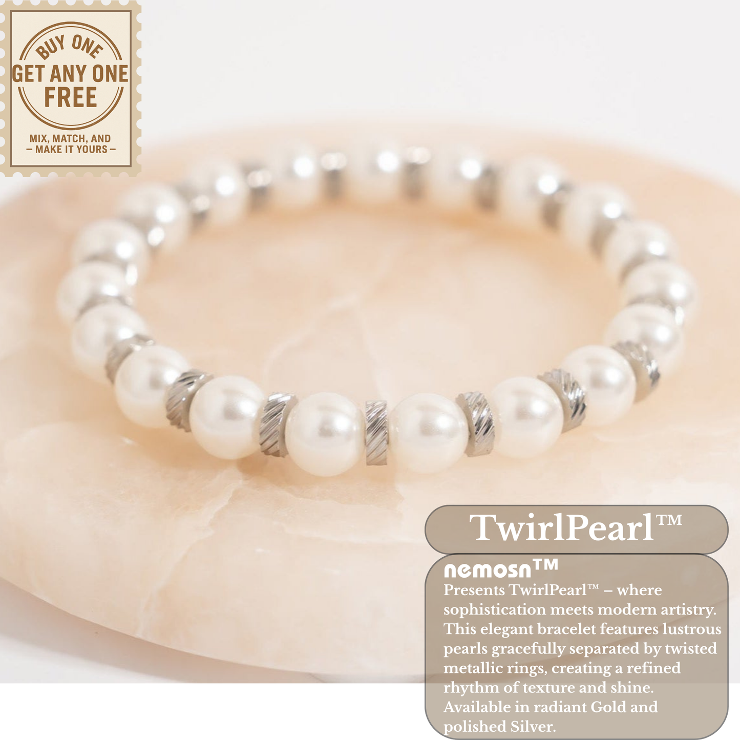 TwirlPearl™ Elegant Twisted Spacer Pearl Bracelet – Classic White Pearls, Tarnish-Free, Adjustable Fit