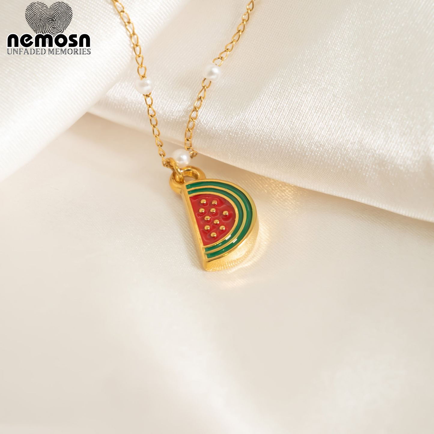 SweetSlice™ – Watermelon Enamel Pendant in Gold & Silver | Summer Fruit Charm Necklace by Nemosn