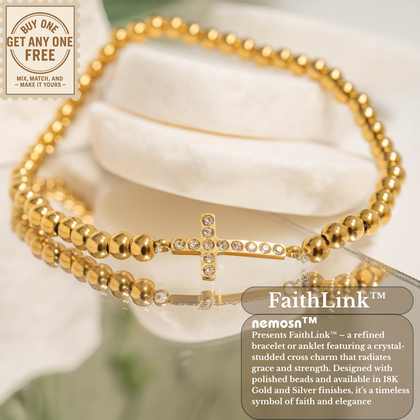 FaithLink™ Cross Beaded Bracelet – Gold & Silver Christian Bracelet | Everyday Wear Faith Jewelry Gift for Her