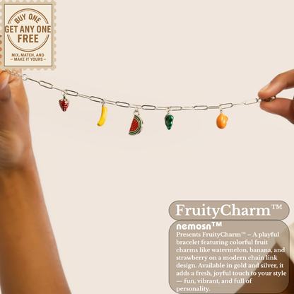 FruityCharm™ Fruit Charm Bracelet – Gold & Silver Paperclip Chain | Cute Aesthetic Jewelry Gift for Her