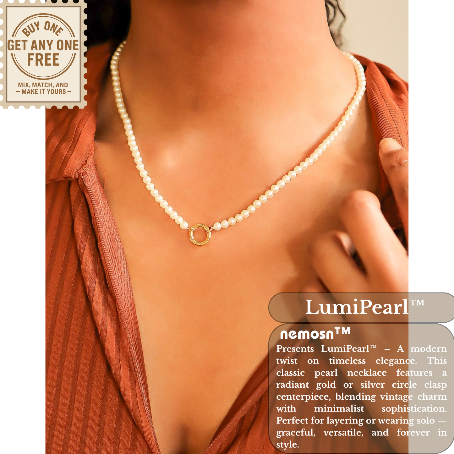 LumiPearl™ Elegant Pearl Necklace with Modern Circular Clasp – Available in Gold & Silver | Nemosn™ Luxury Pearl Jewelry Collection