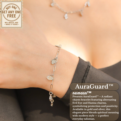 AuraGuard™ 18K Gold & Silver Evil Eye and Hamsa Hand Paperclip Chain Bracelet – Adjustable Protection Jewelry for Women