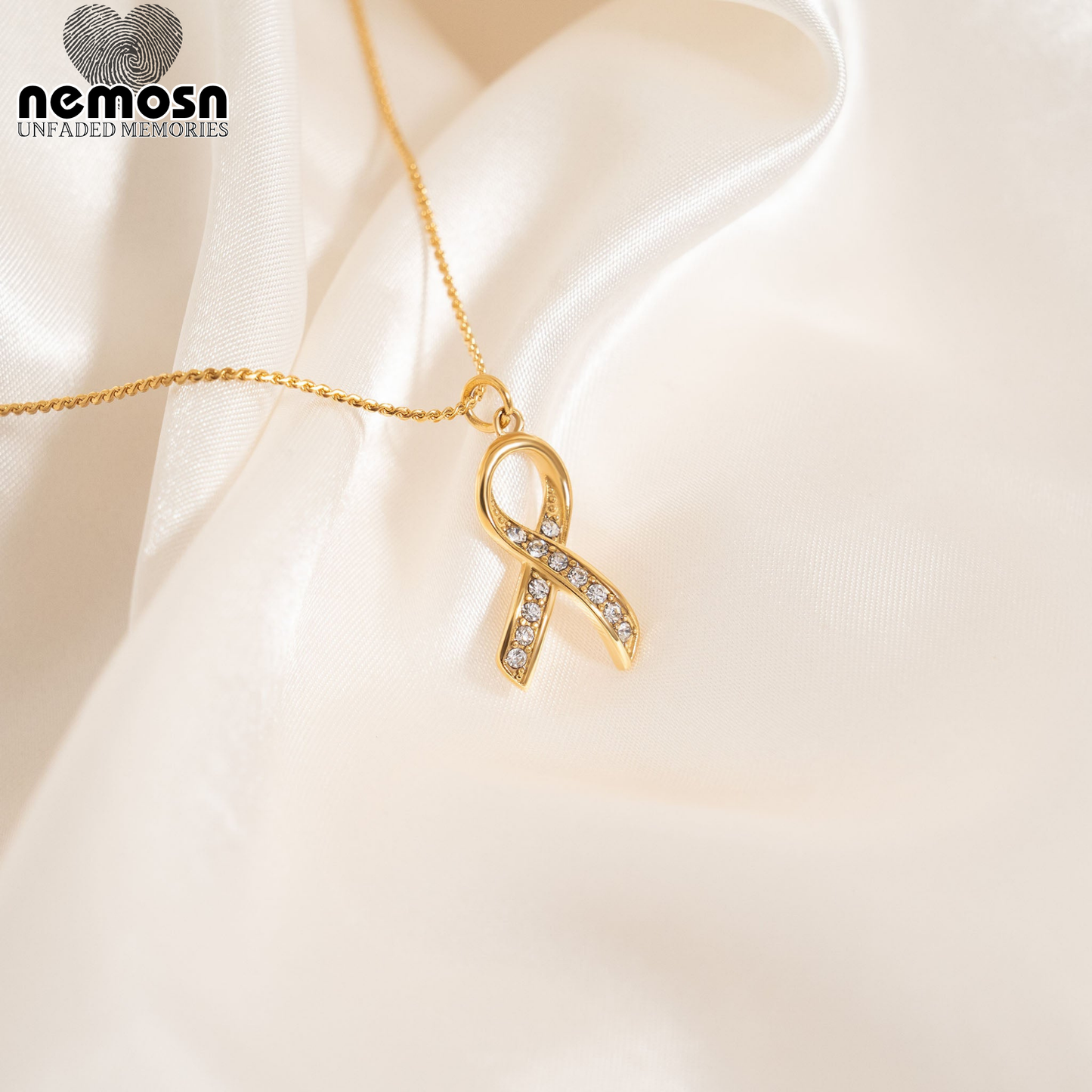 PureRibbon™ – Crystal Awareness Ribbon Charm Pendant in Gold & Silver