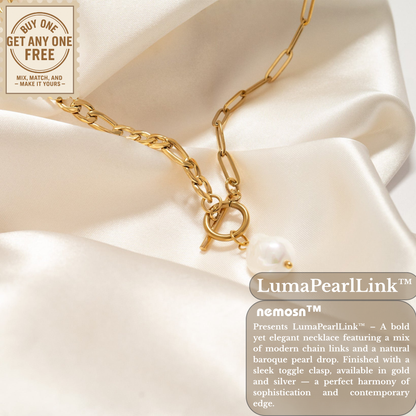 LumaPearlLink™ Baroque Pearl Toggle Necklace | Mixed Chain Statement Jewelry in Gold & Silver