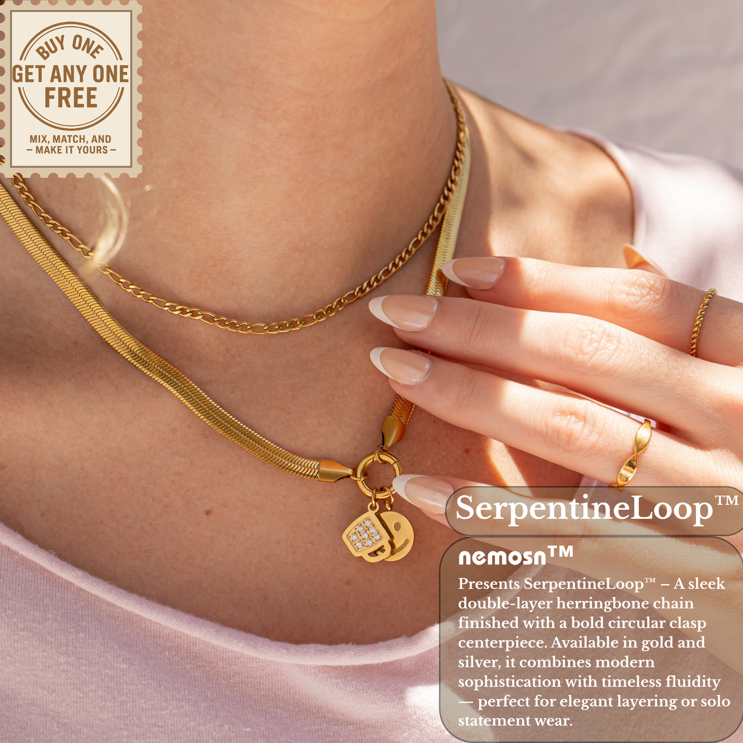 SerpentineLoop™ Herringbone Stackable Necklace with Loop Pendant | Gold & Silver Modern Layering Chain