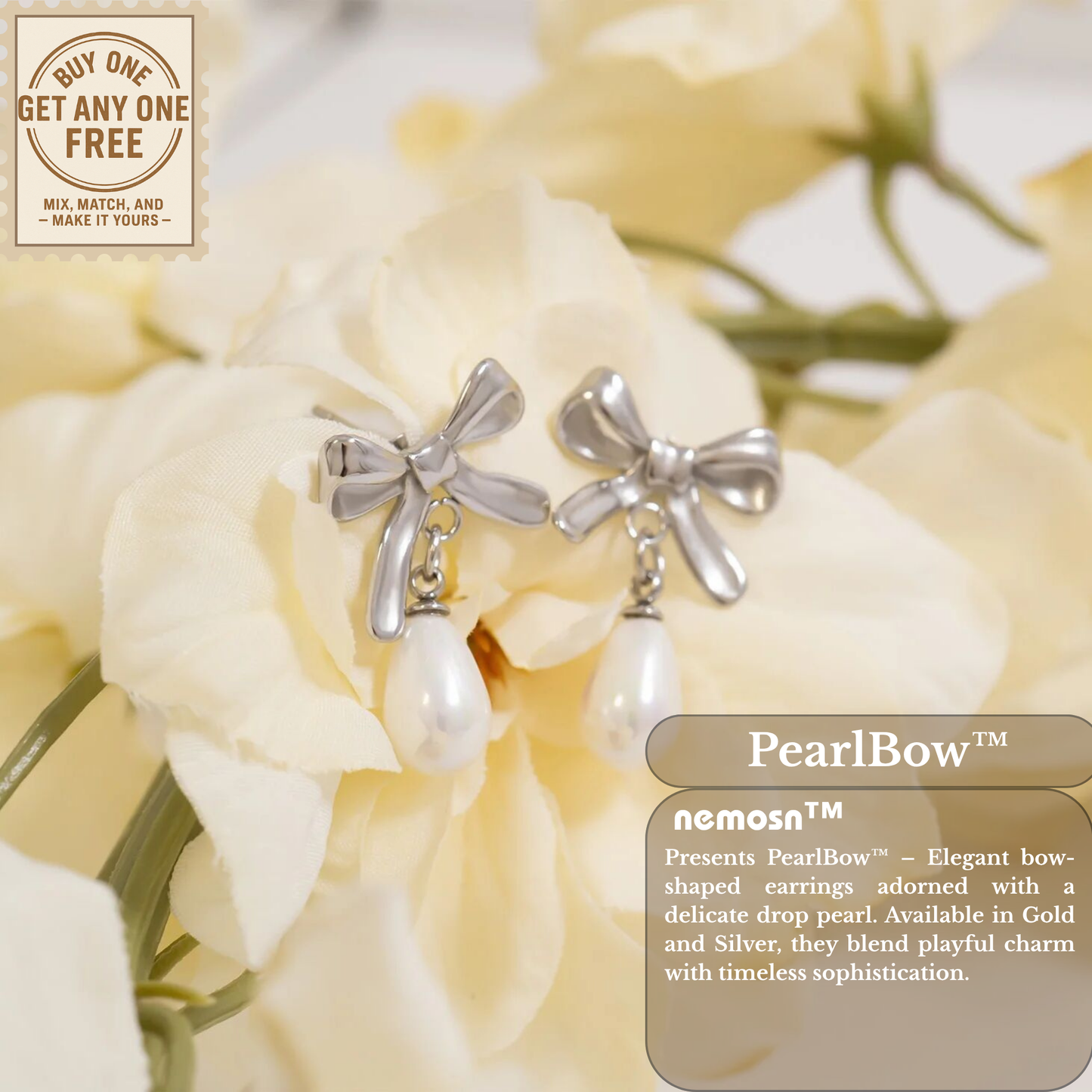 PearlBow™ Elegant Bow Drop Earrings – 18K Gold & Silver Plated Ribbon Design with Teardrop Pearl | Nemosn™ Timeless Grace Collection