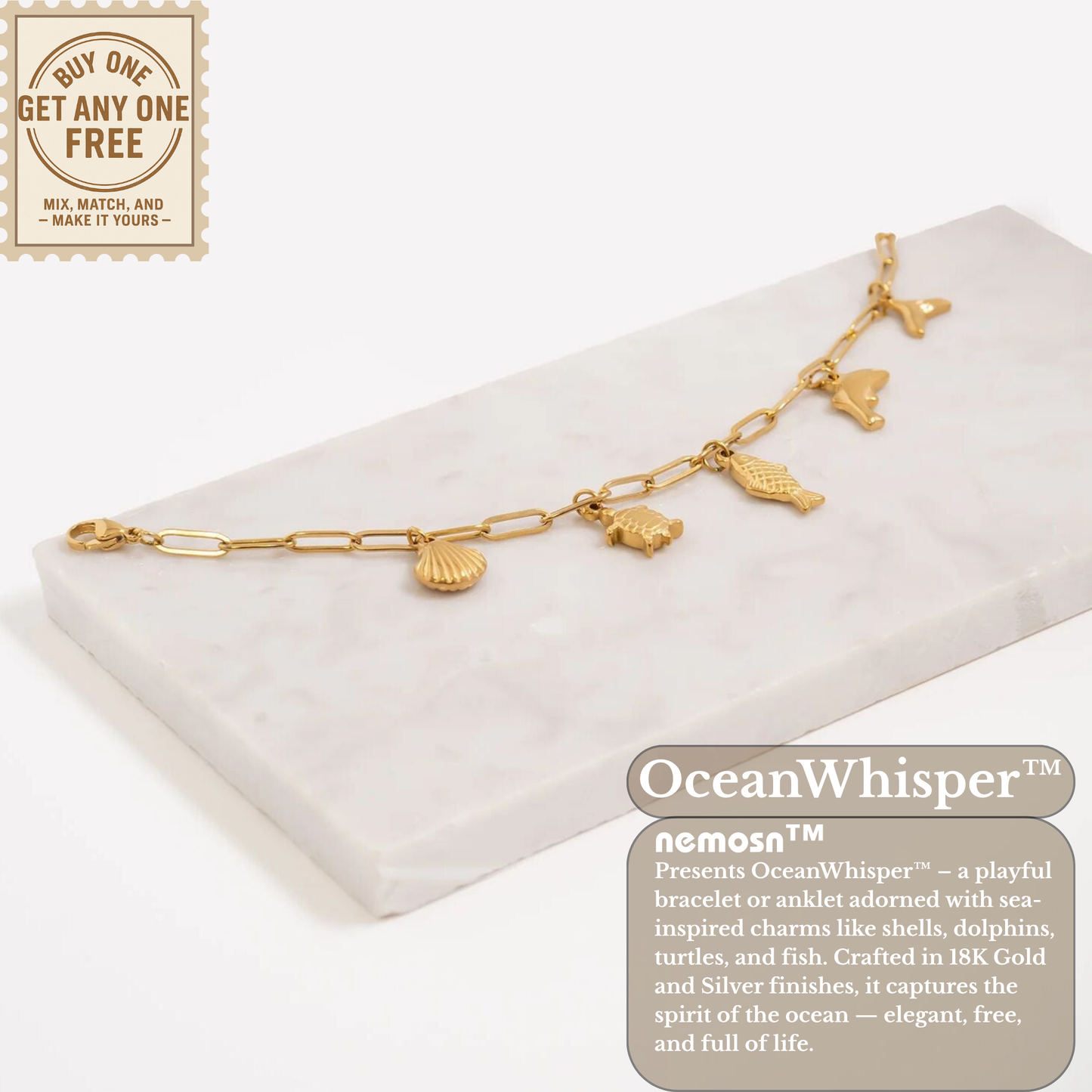 OceanWhisper™ Sea Charm Bracelet – Gold & Silver Paperclip Chain with Shell, Fish, Dolphin & Turtle Charms | Beachy Aesthetic Jewelry Gift