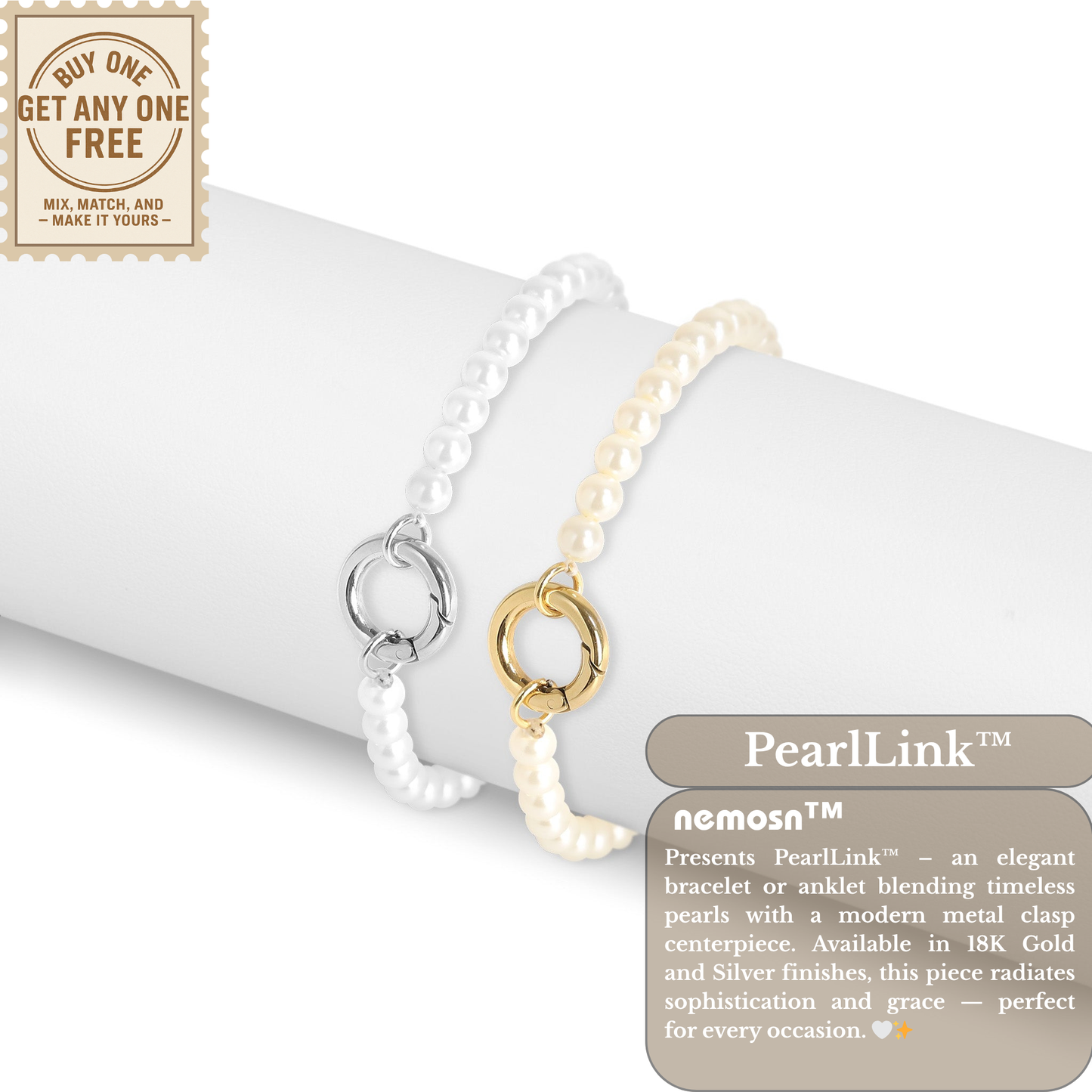 PearlLink™ Classic Pearl Beaded Bracelet with Modern Clasp – Available in Gold & Silver | Nemosn™ Timeless Elegance Collection