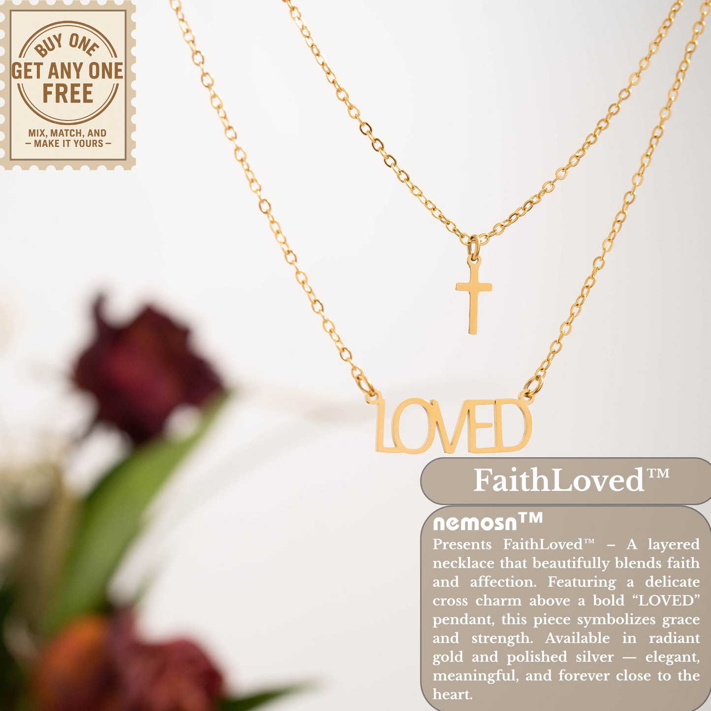 FaithLoved™ Layered Cross & Loved Necklace – 18K Gold and Silver | Nemosn™ Faith-Inspired Jewelry Collection