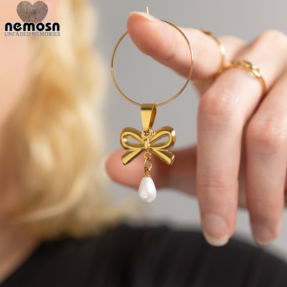 PearlBow™ Pendant – 18K Gold & Silver Stainless Steel Bow Charm with Teardrop Pearl | Elegant, Feminine & Timeless Jewelry by Nemosn