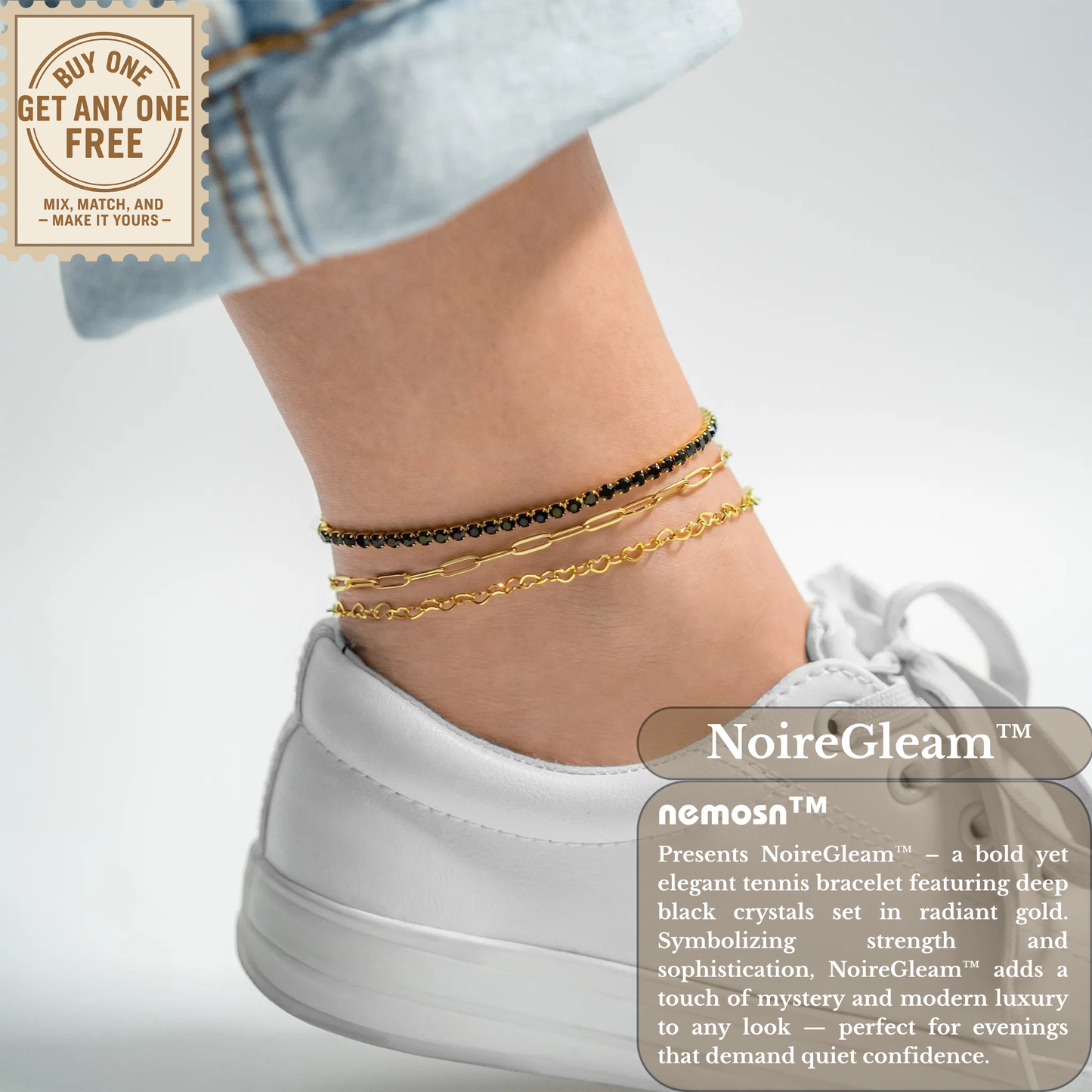NoireGleam™ Black Crystal Tennis Bracelet / Anklet | Elegant Adjustable Gold Bracelet for Women