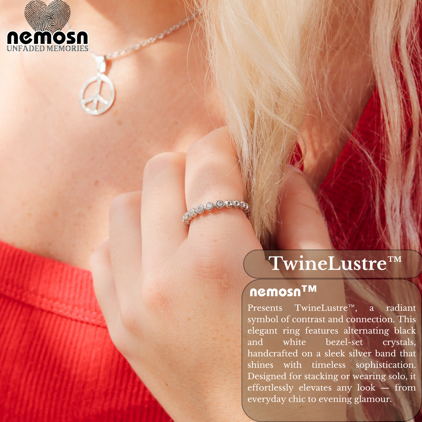 TwineLustre™ – Dual-Tone Bezel Stackable Ring in Silver | Elegant Black & White Crystal Band by Nemosn