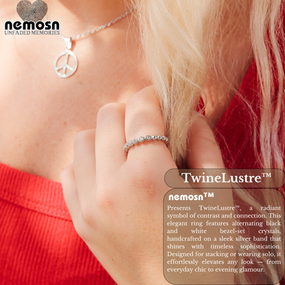 TwineLustre™ – Dual-Tone Bezel Stackable Ring in Silver | Elegant Black & White Crystal Band by Nemosn