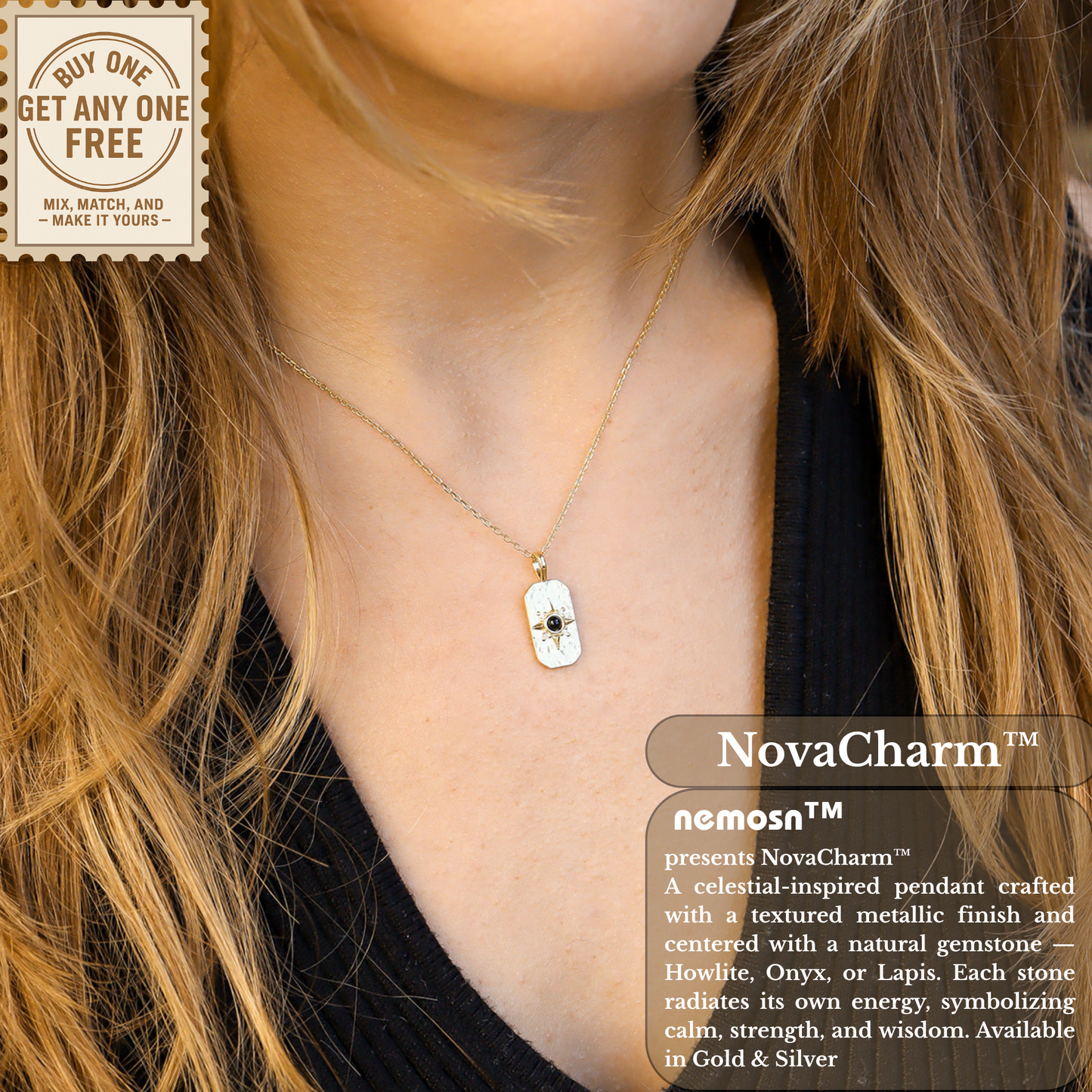 NovaCharm™ Gemstone Pendant Necklace – Howlite, Onyx & Lapis in 18K Gold & Silver | Nemosn™ Modern Spiritual Jewelry