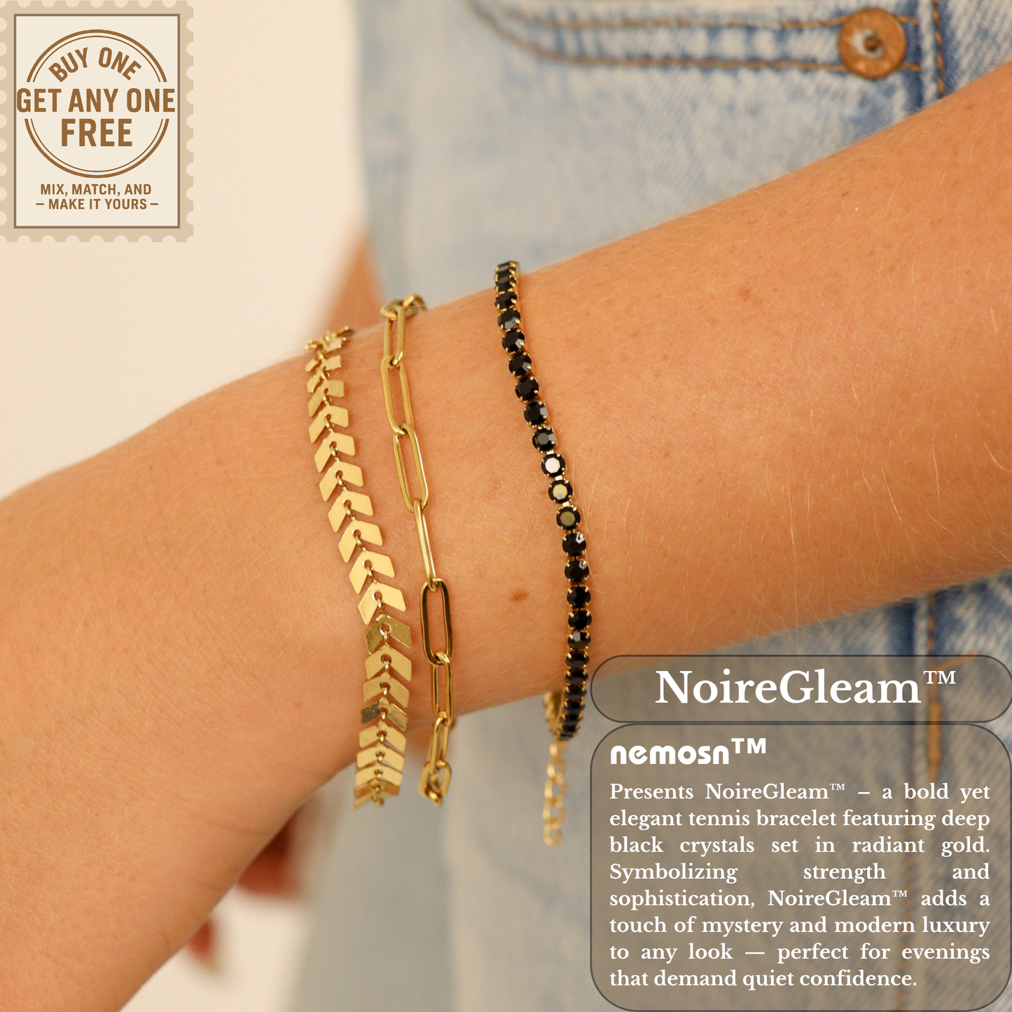 NoireGleam™ Black Crystal Tennis Bracelet / Anklet | Elegant Adjustable Gold Bracelet for Women