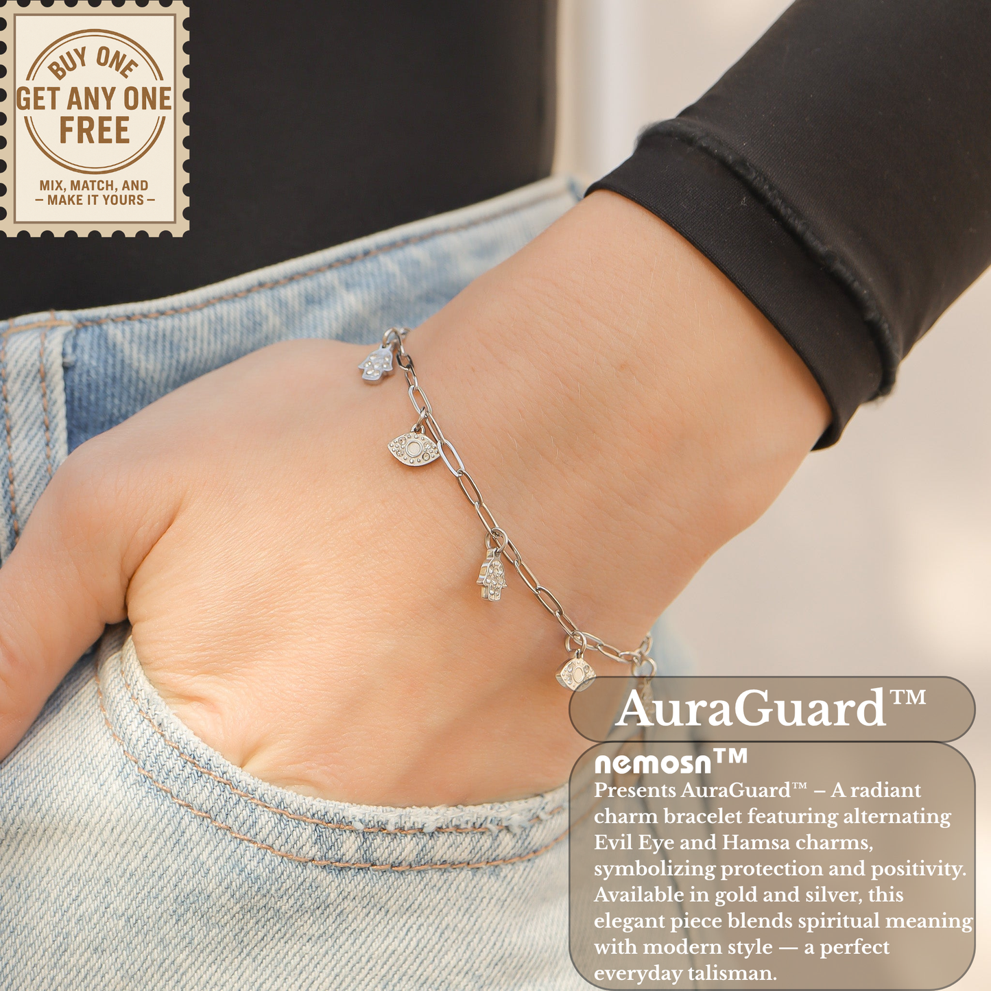 AuraGuard™ 18K Gold & Silver Evil Eye and Hamsa Hand Paperclip Chain Bracelet – Adjustable Protection Jewelry for Women