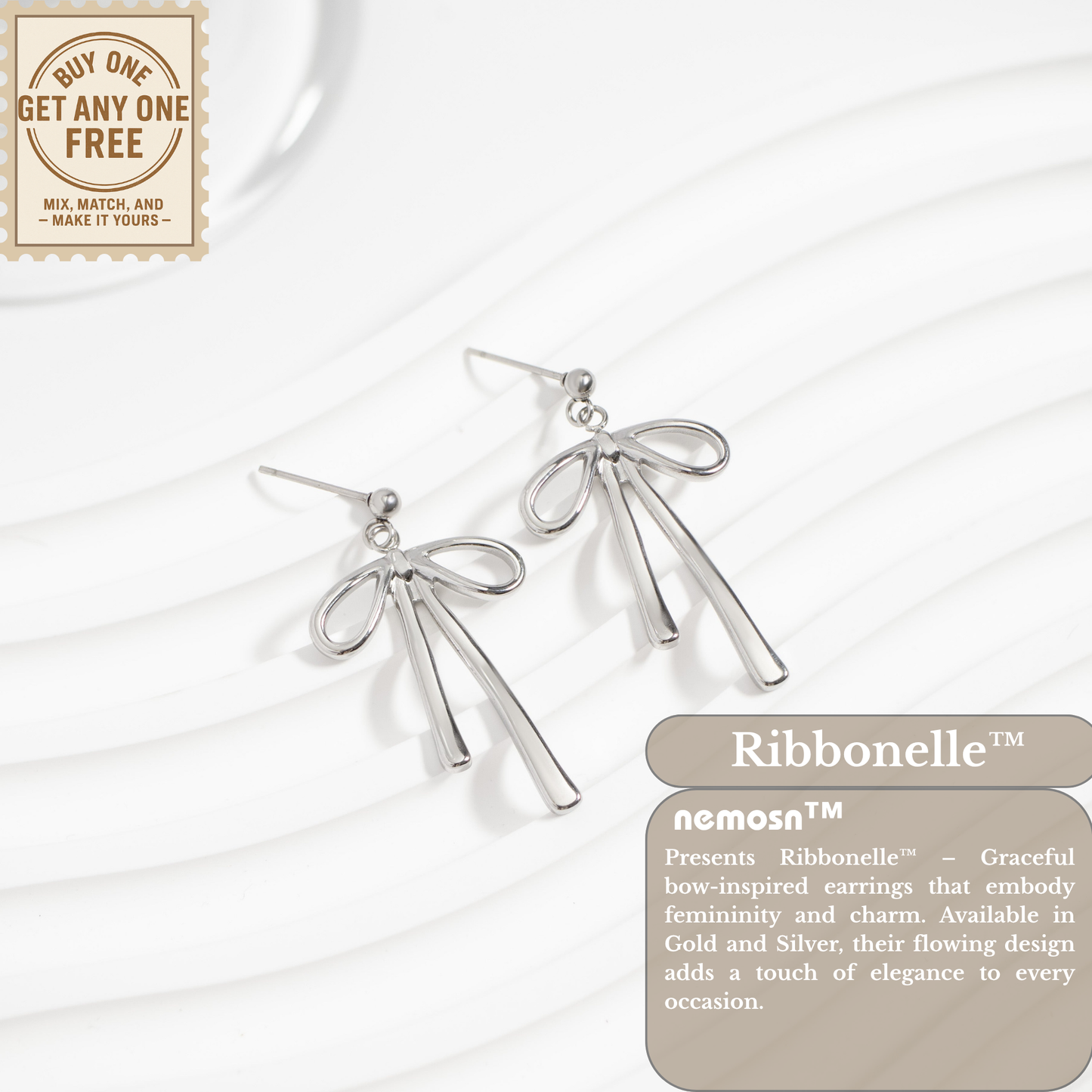 Ribbonelle™ Bow Drop Earrings – 18K Gold & Silver Plated Elegant Statement Jewelry for Women | Nemosn™ Graceful Modern Collection