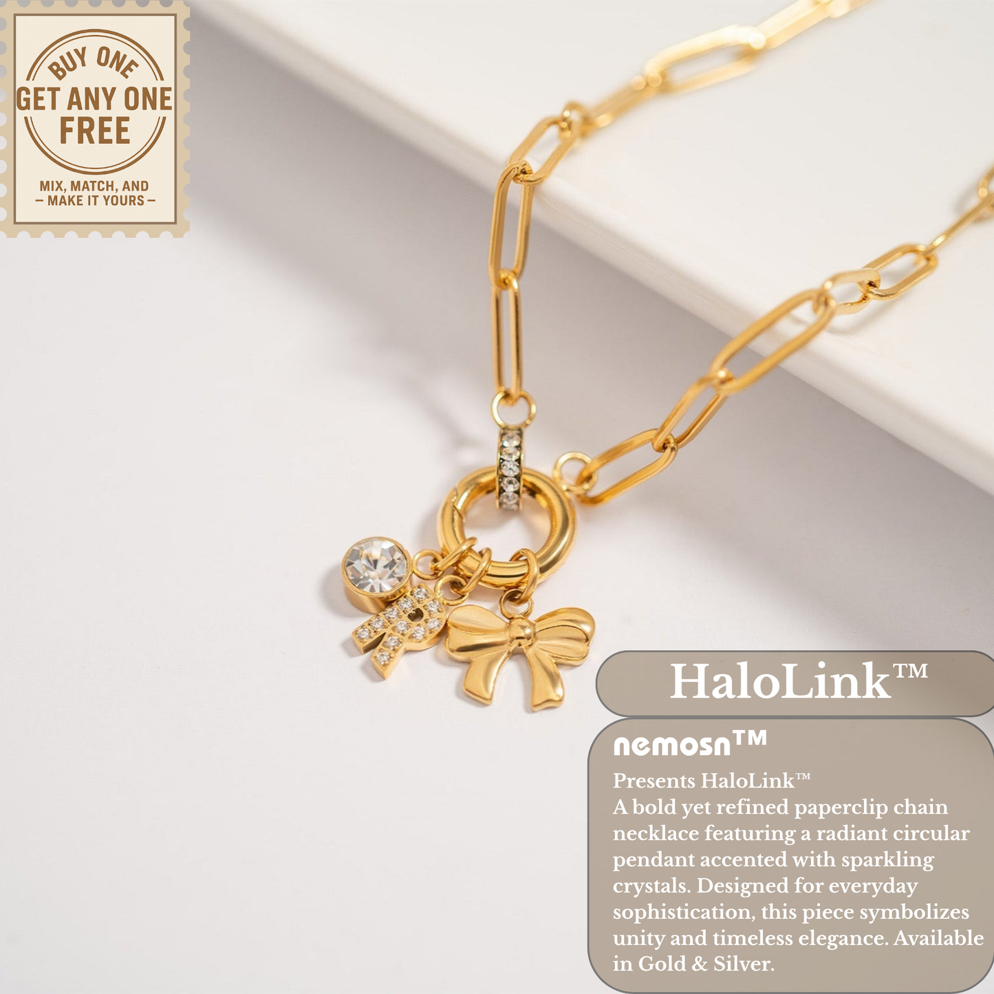 HaloLink™ Modern Paperclip Chain Necklace with Statement Ring – Minimal Bold Style (Gold & Silver Options)