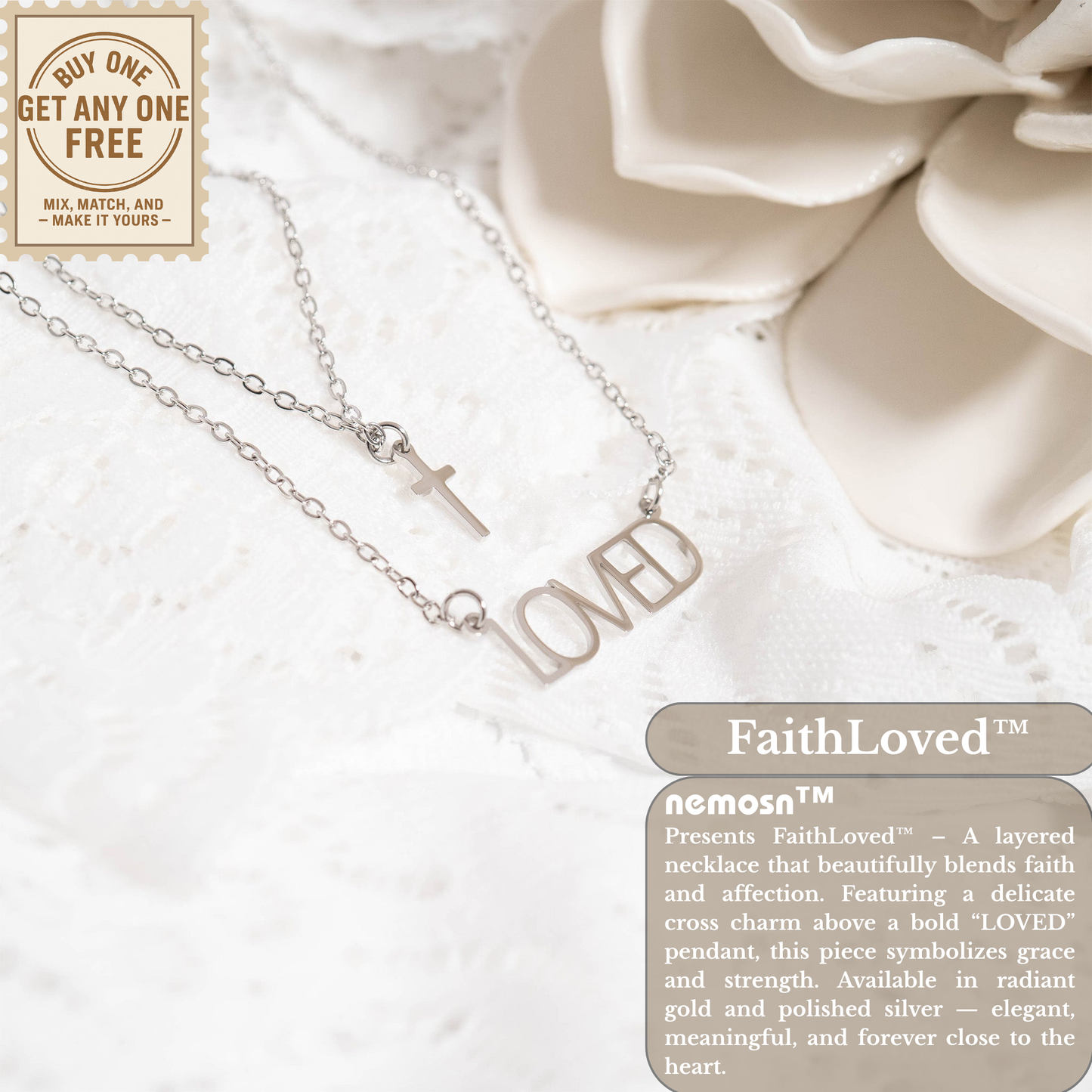 FaithLoved™ Layered Cross & Loved Necklace – 18K Gold and Silver | Nemosn™ Faith-Inspired Jewelry Collection