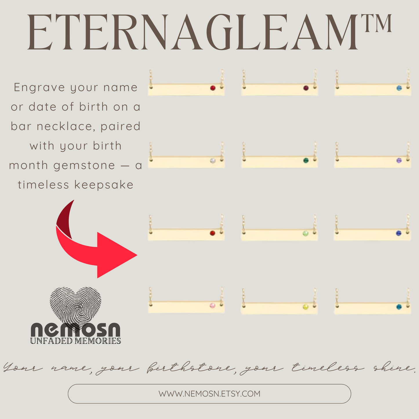 BirthGlow™ Gold Birthstone Engravable  Necklace – Personalized Name or Date Bar Bracelet with Monthly Gemstone | Custom Jewelry by NEMOSN