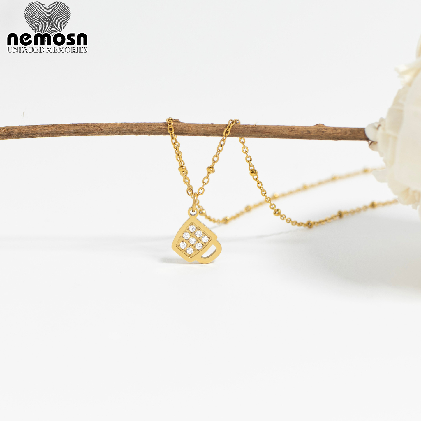 BrewGleam™ Pendant – 18K Gold & Silver Stainless Steel Coffee Cup Charm with CZ Stones | Coffee Lover, Everyday Shine Jewelry by Nemosn