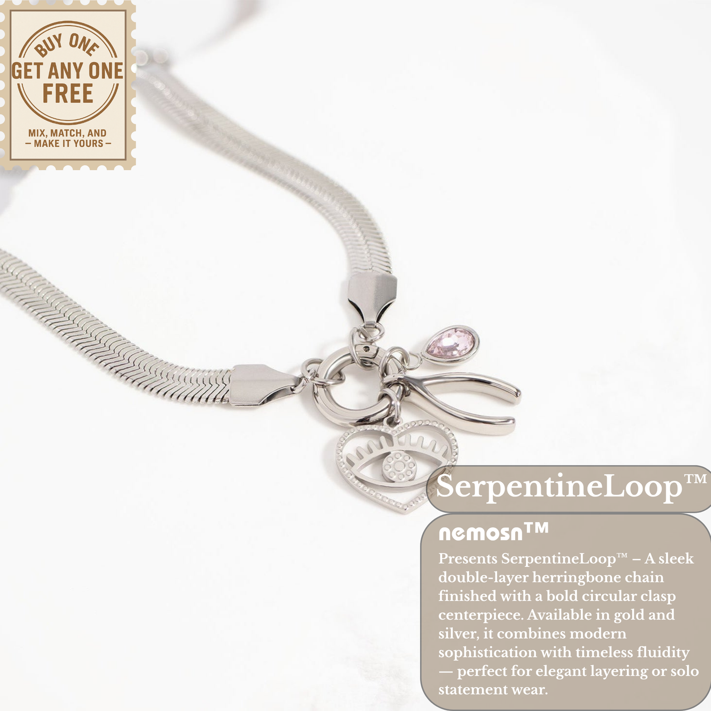SerpentineLoop™ Herringbone Stackable Necklace with Loop Pendant | Gold & Silver Modern Layering Chain