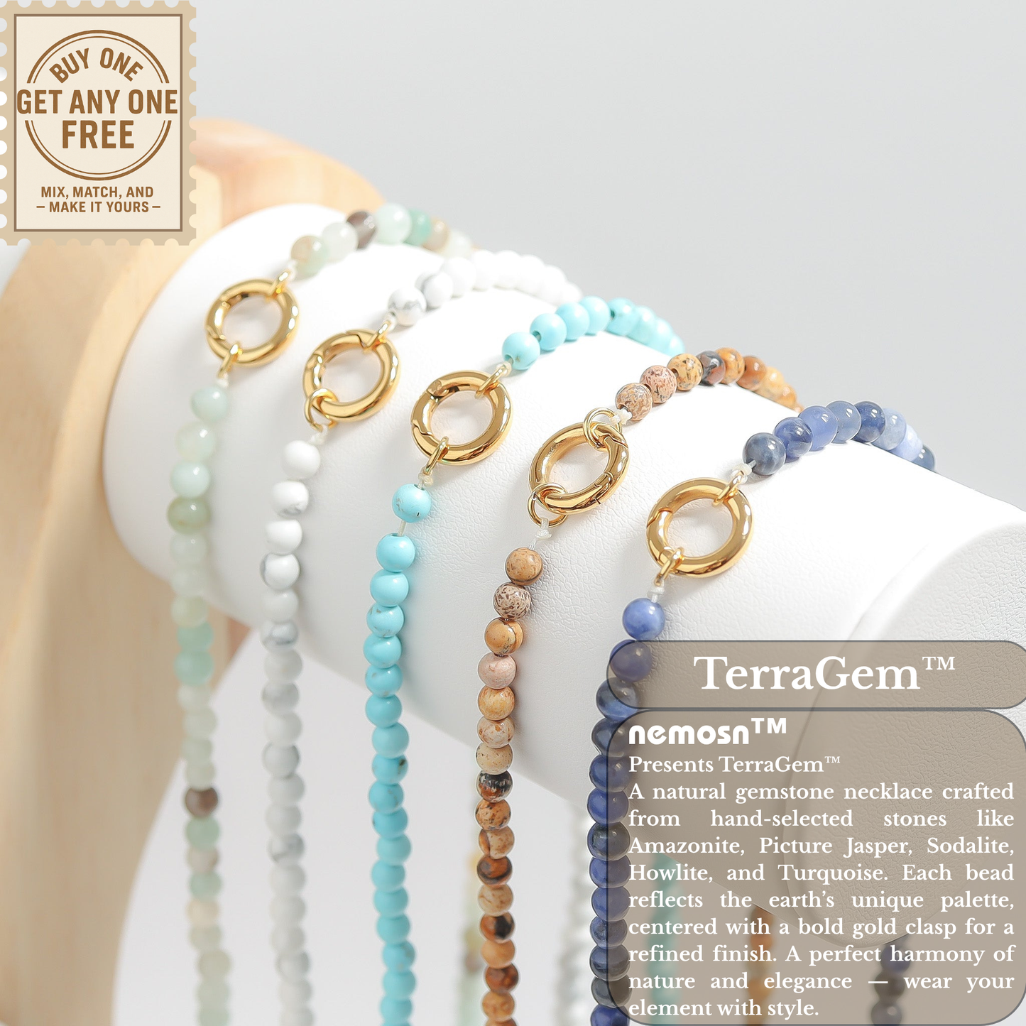 TerraGem™ Natural Gemstone Beaded Necklace – Howlite, Sodalite, Picture Jasper, Amazonite & Turquoise | Nemosn™ Signature Earth Collection