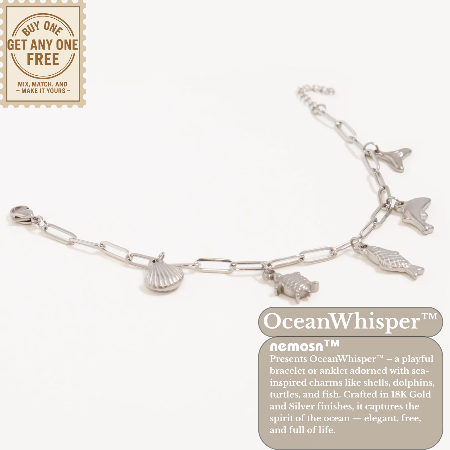 OceanWhisper™ Sea Charm Bracelet – Gold & Silver Paperclip Chain with Shell, Fish, Dolphin & Turtle Charms | Beachy Aesthetic Jewelry Gift