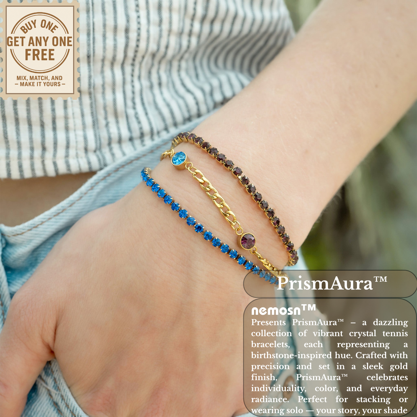 PrismAura™ Birthstone Tennis Bracelet | 12-Month Gemstone Bracelet in Gold – Garnet, Amethyst, Aquamarine, Diamond, Emerald, Ruby, Peridot, Sapphire, Tourmaline, Topaz & Blue Zircon