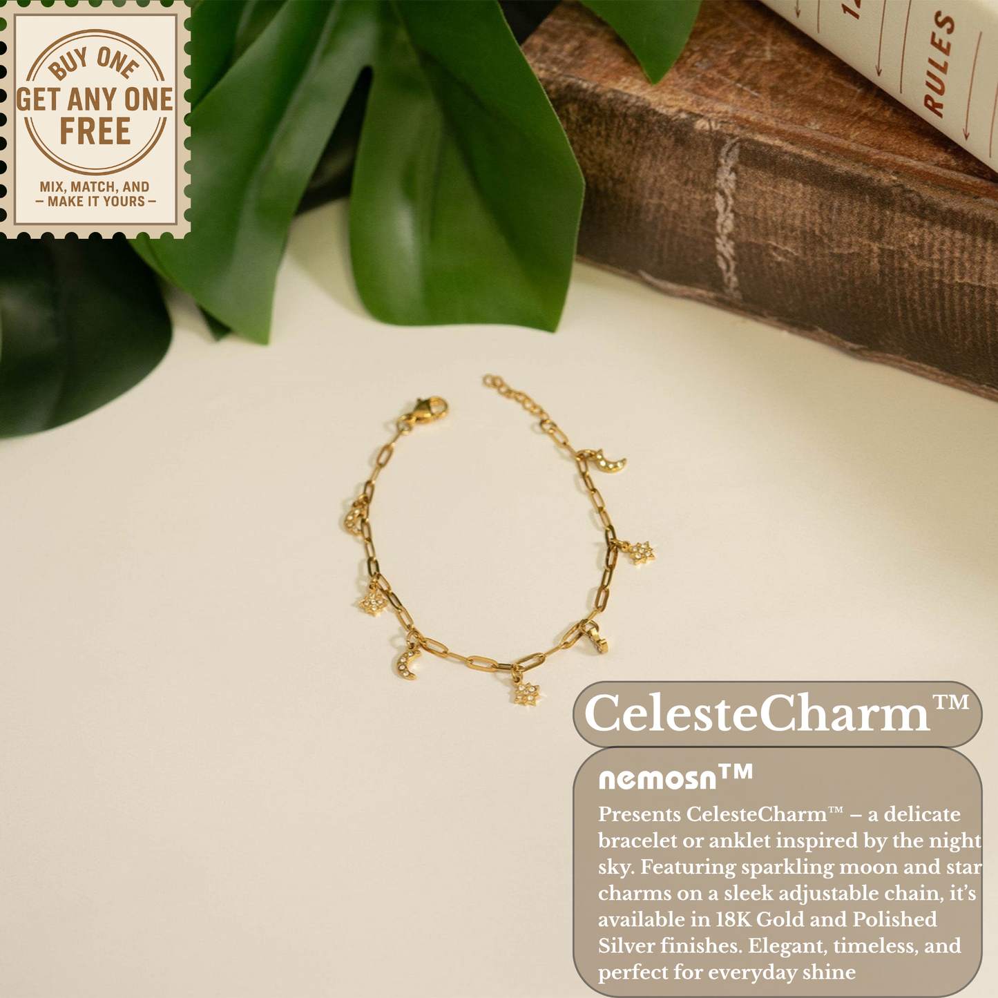 CelesteCharm™ 18K Gold & Silver Moon and Star Paperclip Chain Bracelet – Dainty Adjustable Celestial Jewelry for Women