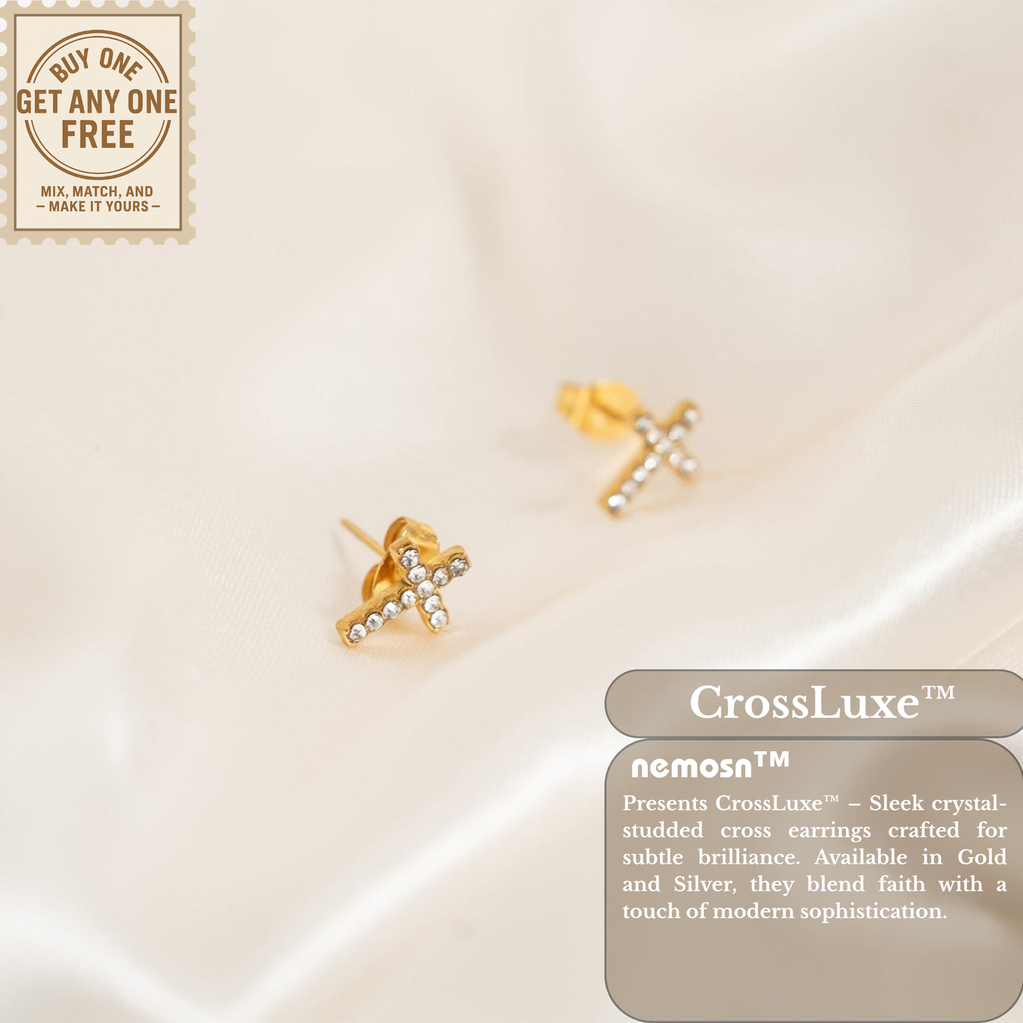 CrossLuxe™ Crystal Cross Stud Earrings – 18K Gold & Silver Plated Faith-Inspired Minimalist Jewelry for Women | Nemosn™ Grace Collection
