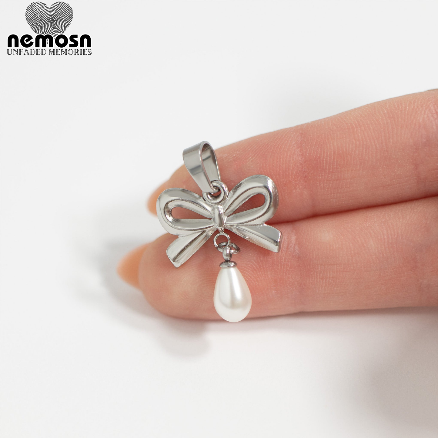PearlBow™ Pendant – 18K Gold & Silver Stainless Steel Bow Charm with Teardrop Pearl | Elegant, Feminine & Timeless Jewelry by Nemosn