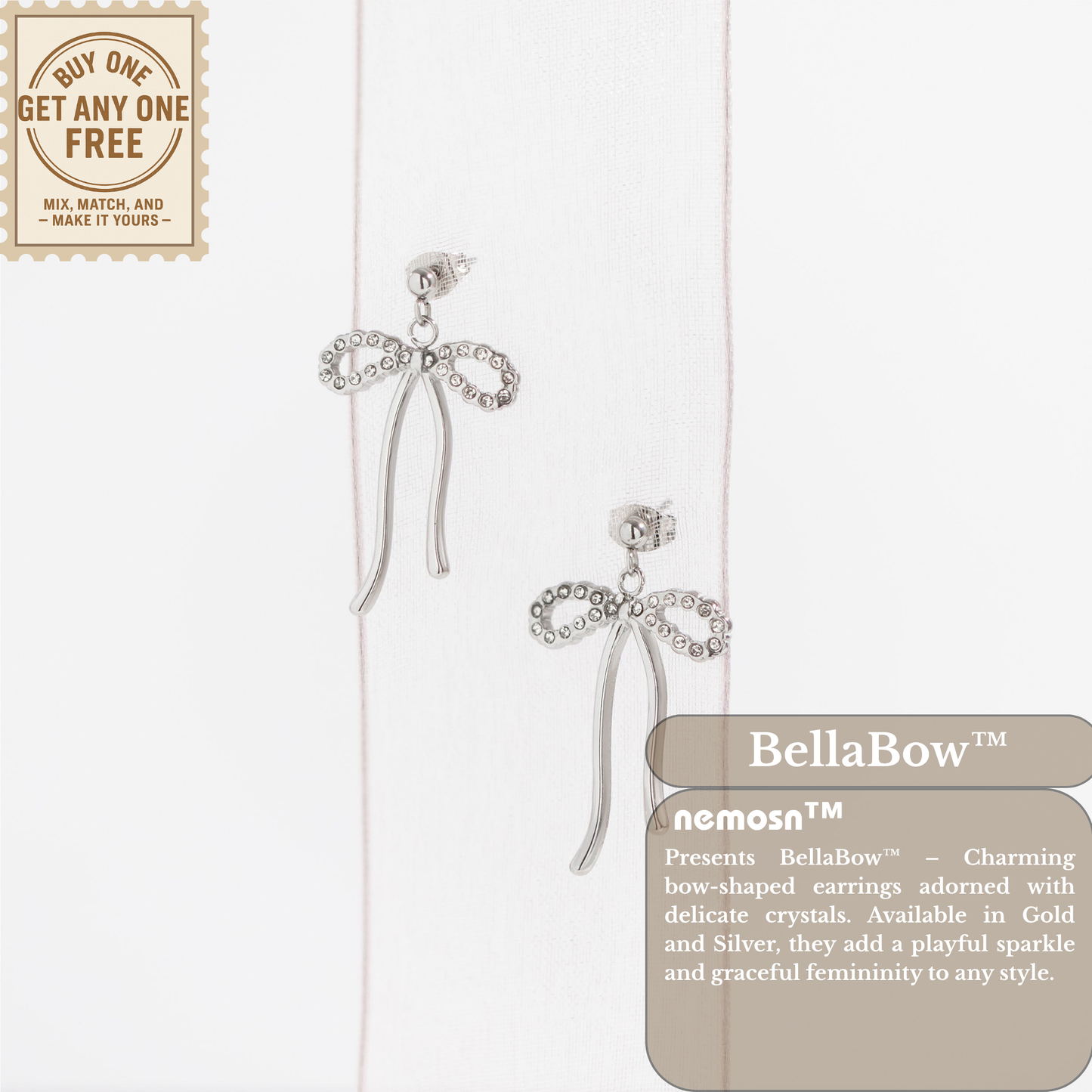 BellaBow™ Crystal Ribbon Drop Earrings – 18K Gold & Silver Plated Elegant Bow Jewelry for Women | Nemosn™ Feminine Sparkle Collection