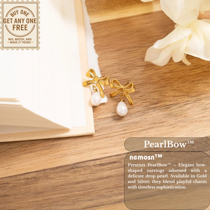 PearlBow™ Elegant Bow Drop Earrings – 18K Gold & Silver Plated Ribbon Design with Teardrop Pearl | Nemosn™ Timeless Grace Collection