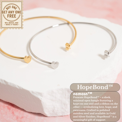 HopeBond™ Heart & Awareness Ribbon Open Cuff Bracelet – Strength, Support & Love (Gold & Silver Options)
