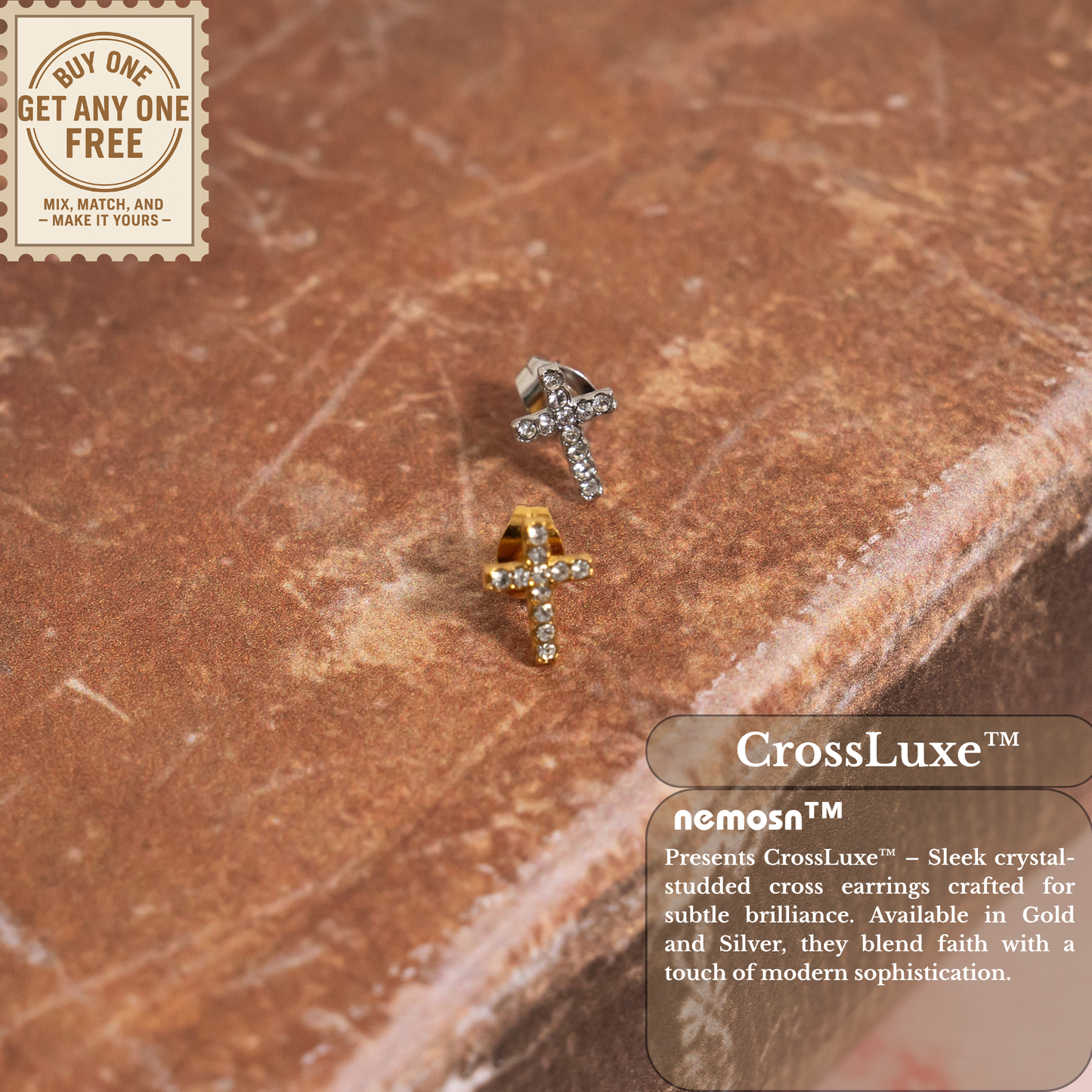 CrossLuxe™ Crystal Cross Stud Earrings – 18K Gold & Silver Plated Faith-Inspired Minimalist Jewelry for Women | Nemosn™ Grace Collection
