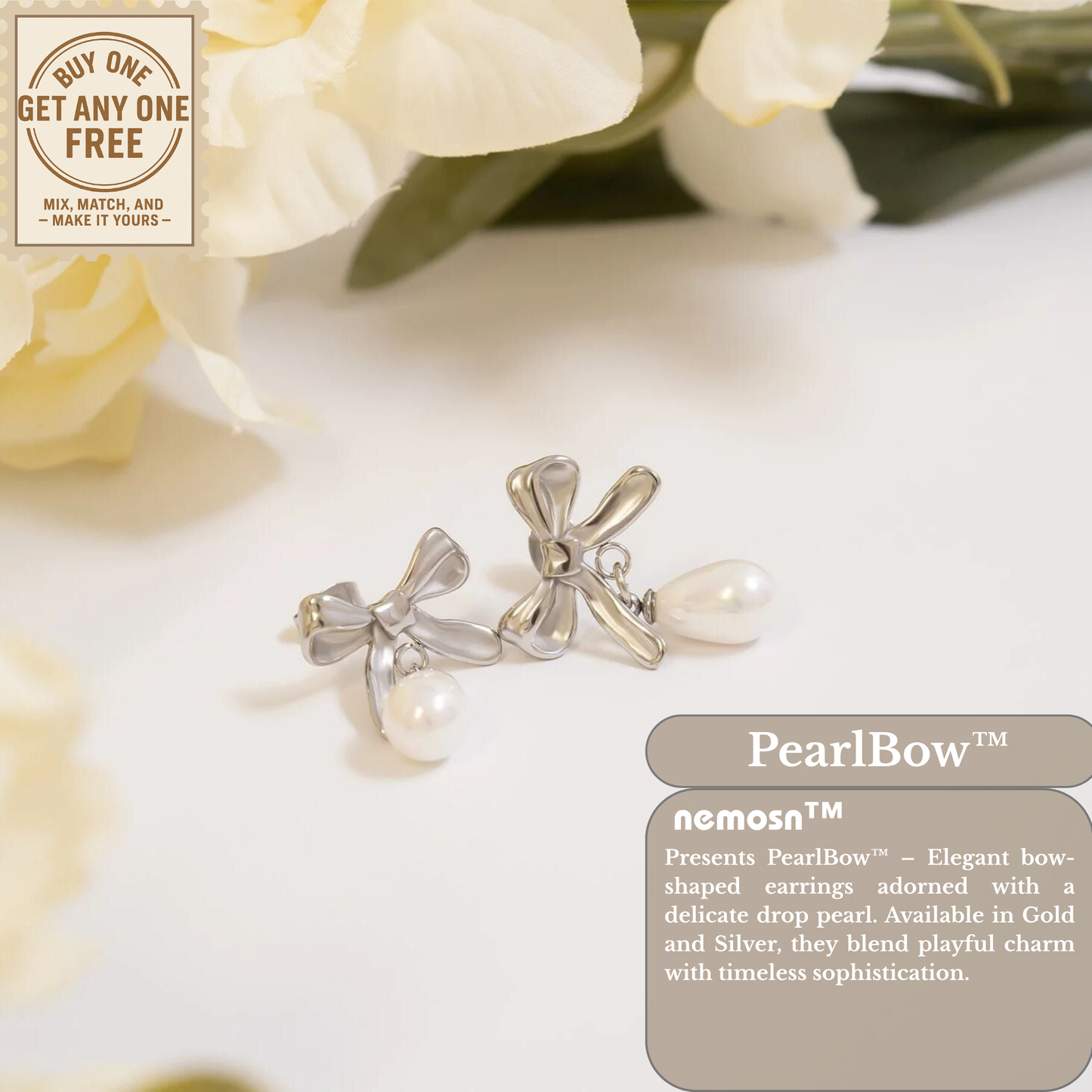 PearlBow™ Elegant Bow Drop Earrings – 18K Gold & Silver Plated Ribbon Design with Teardrop Pearl | Nemosn™ Timeless Grace Collection