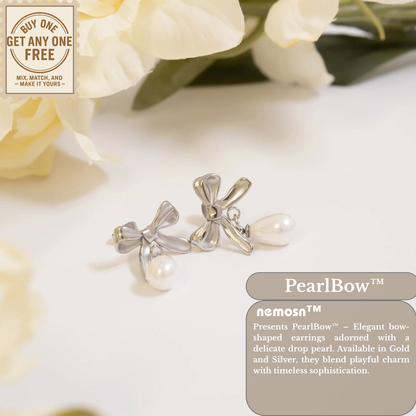PearlBow™ Elegant Bow Drop Earrings – 18K Gold & Silver Plated Ribbon Design with Teardrop Pearl | Nemosn™ Timeless Grace Collection
