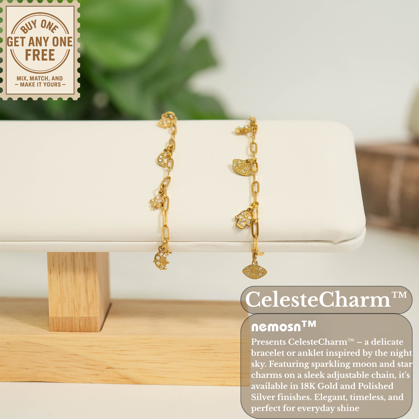 CelesteCharm™ 18K Gold & Silver Moon and Star Paperclip Chain Bracelet – Dainty Adjustable Celestial Jewelry for Women