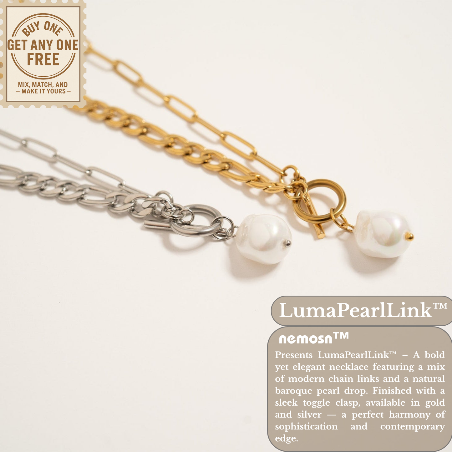LumaPearlLink™ Baroque Pearl Toggle Necklace | Mixed Chain Statement Jewelry in Gold & Silver