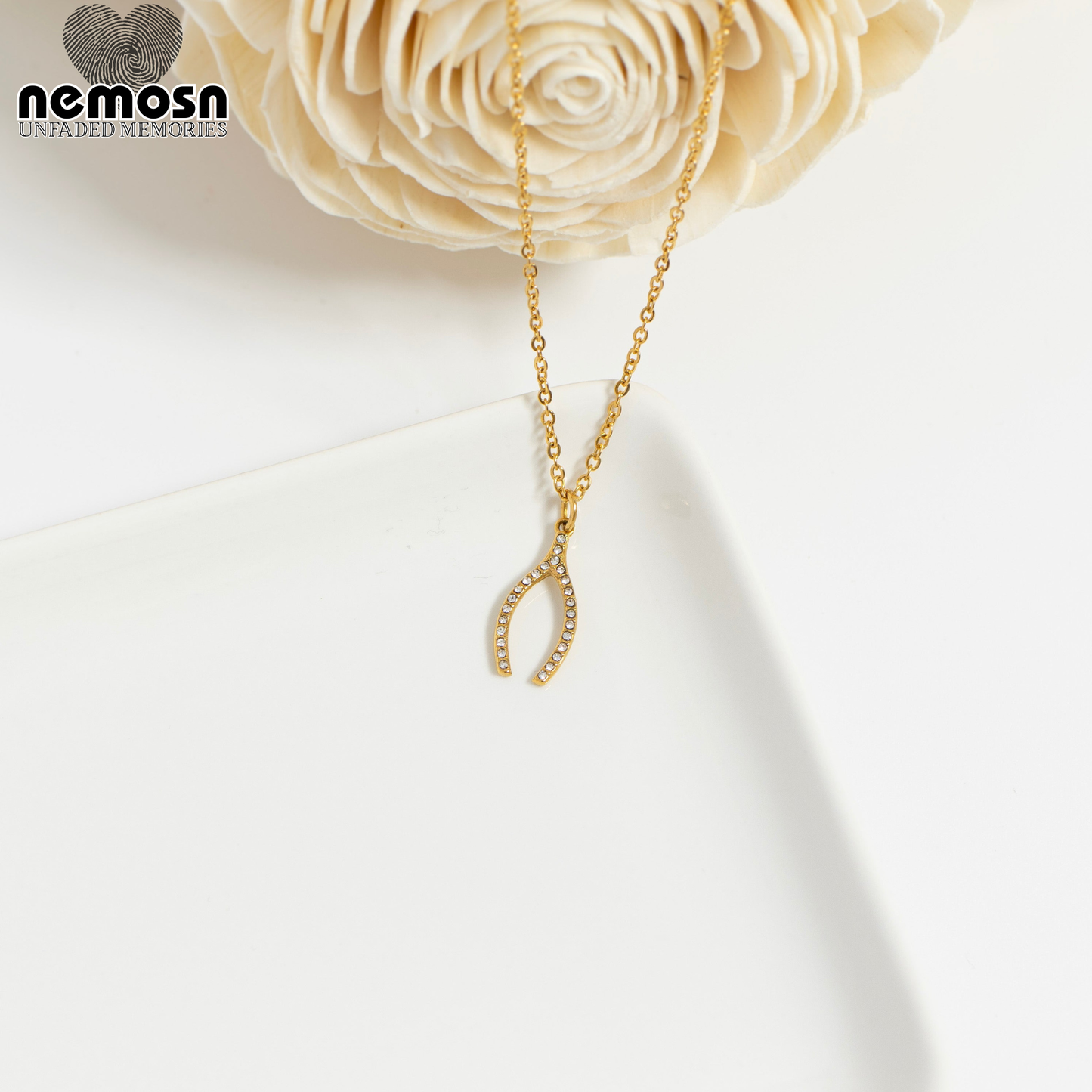 WishGleam™ Pendant – 18K Gold & Silver Stainless Steel Wishbone Charm with CZ Stones | Luck, Hope & Positivity Jewelry by Nemosn