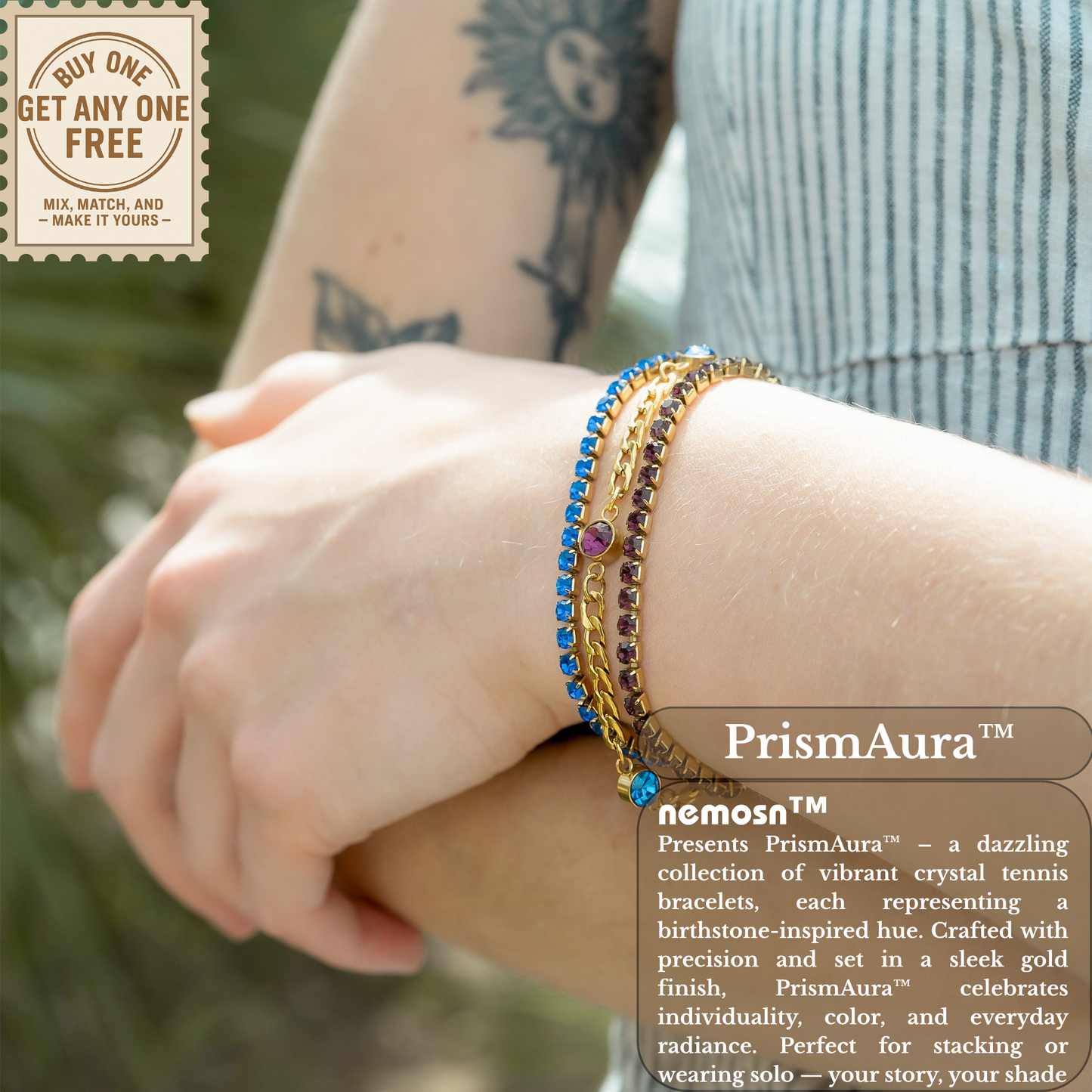 PrismAura™ Birthstone Tennis Bracelet | 12-Month Gemstone Bracelet in Gold – Garnet, Amethyst, Aquamarine, Diamond, Emerald, Ruby, Peridot, Sapphire, Tourmaline, Topaz & Blue Zircon
