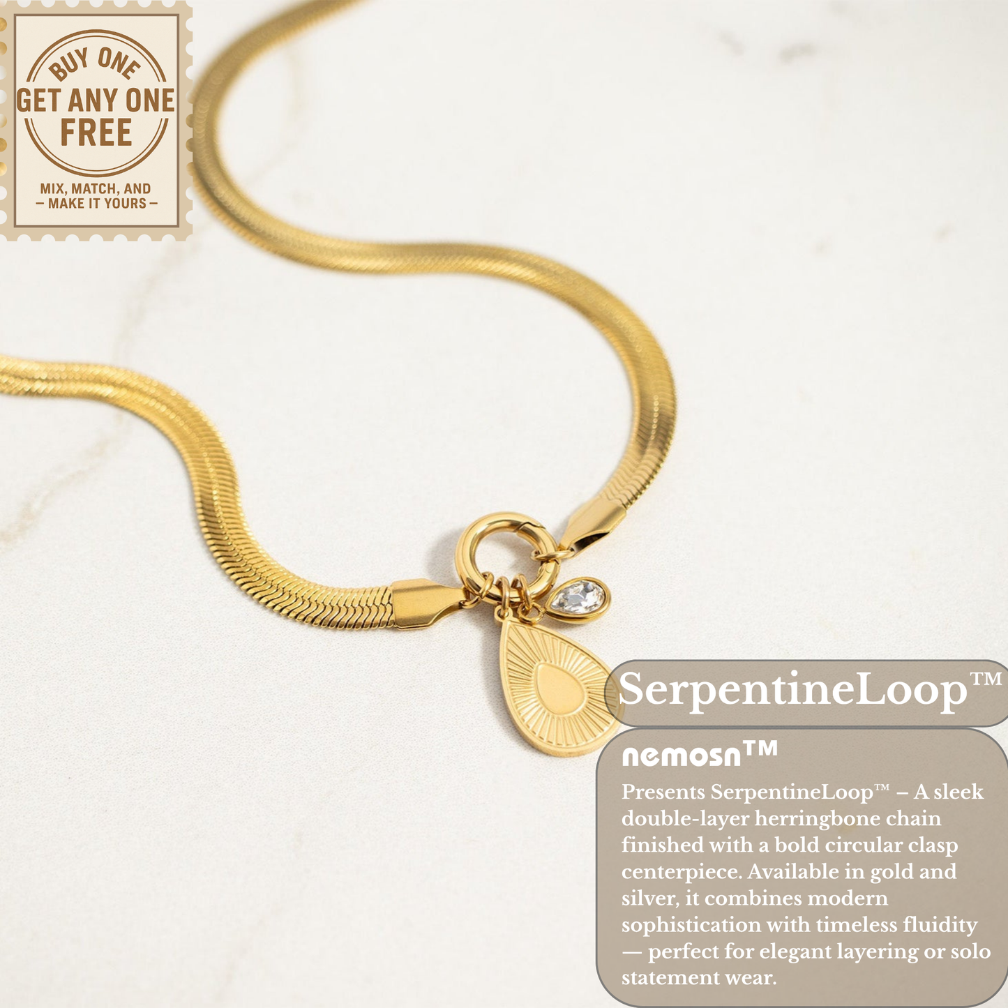 SerpentineLoop™ Herringbone Stackable Necklace with Loop Pendant | Gold & Silver Modern Layering Chain