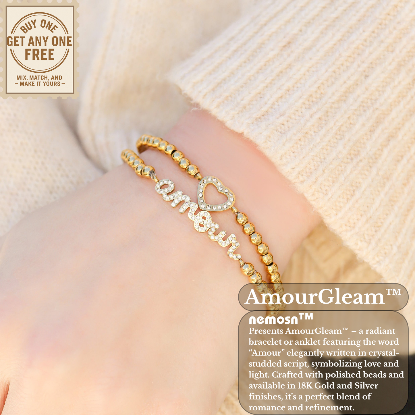 AmourGleam™ 18K Gold & Silver Beaded “Amour” Bracelet – Stretch Fit Minimalist Love Jewelry for Women