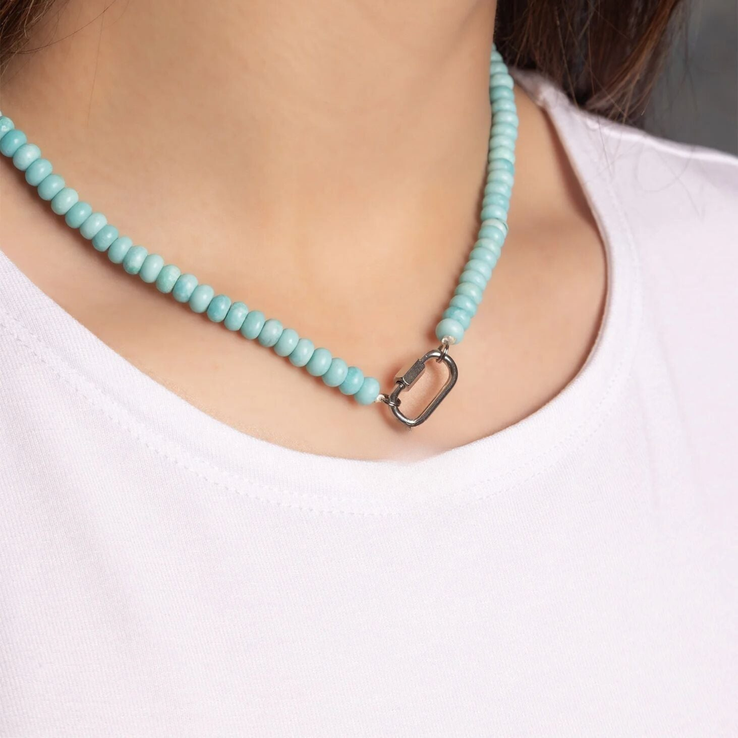 Woman wearing turquoise beaded necklace with silver stainless steel clasp by NEMOSN