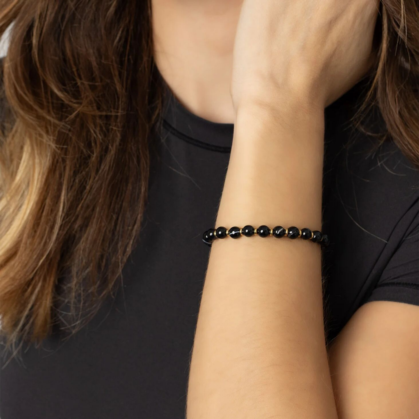 Unisex black stone stretch bracelet waterproof stainless steel