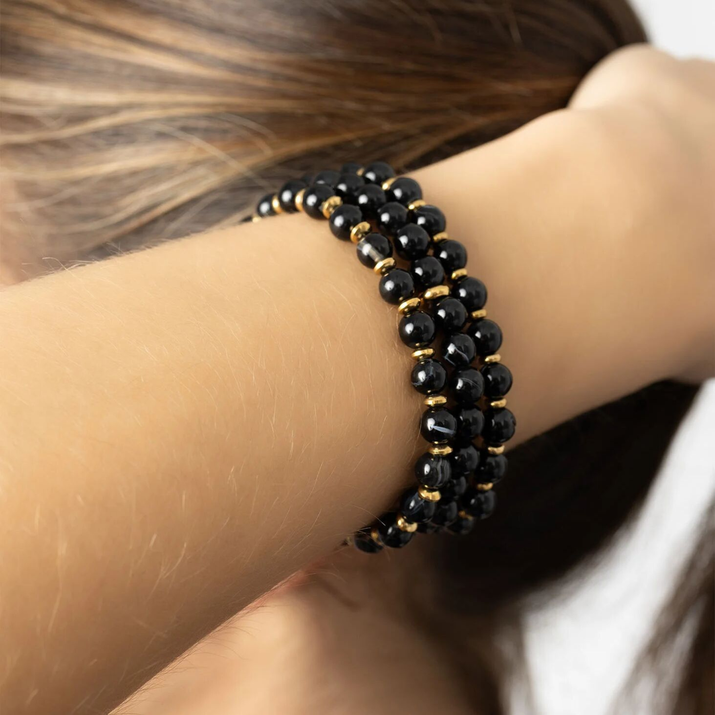 Unisex black stone stretch bracelet waterproof stainless steel