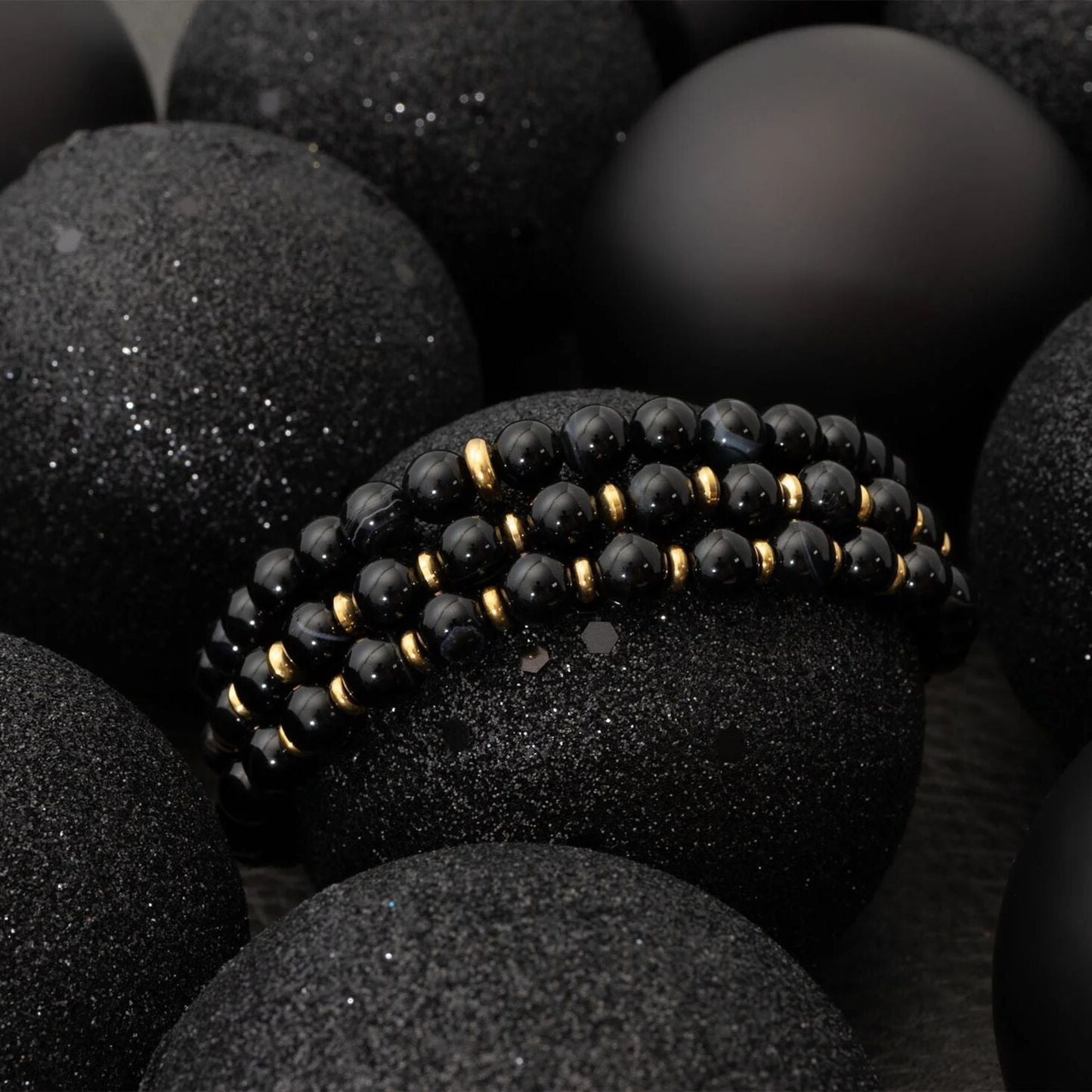 Unisex black stone stretch bracelet waterproof stainless steel