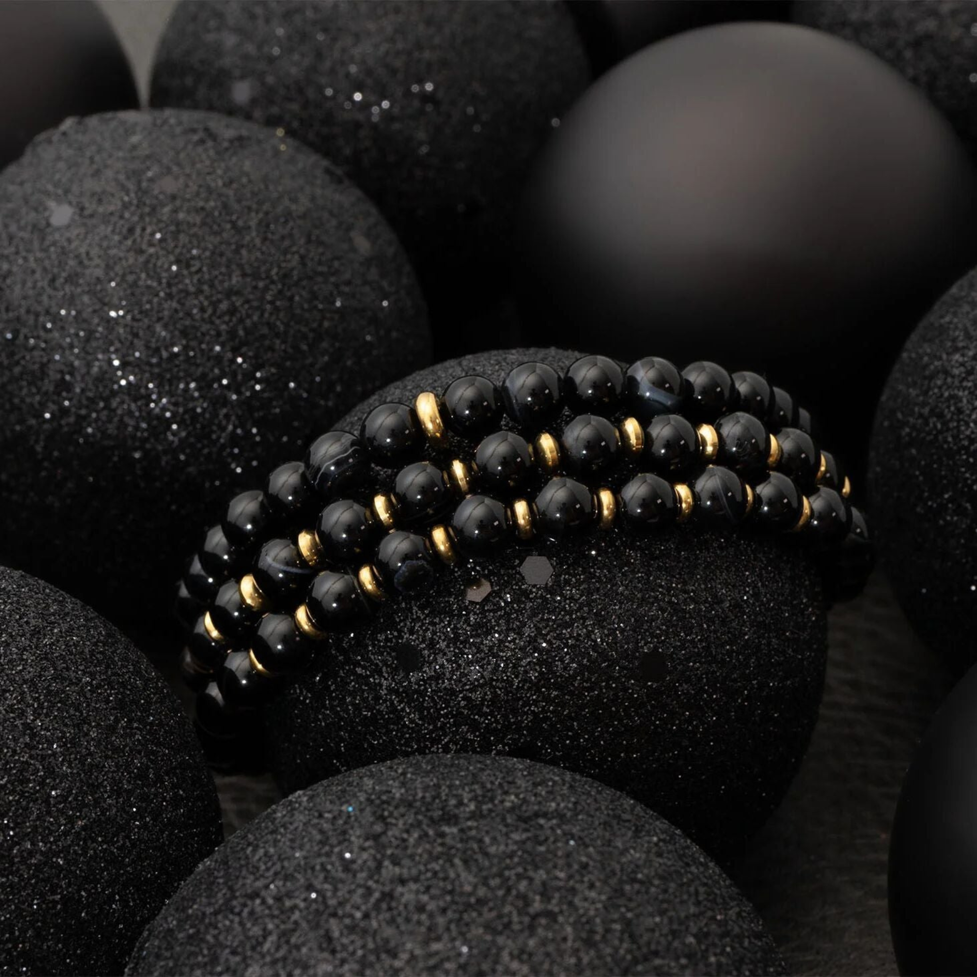 Unisex black stone stretch bracelet waterproof stainless steel